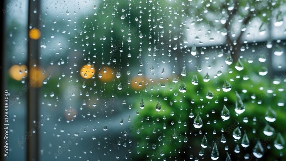 Aufkleber raindrops on glass with blurred greenery and lights in the background creating a calm and serene out