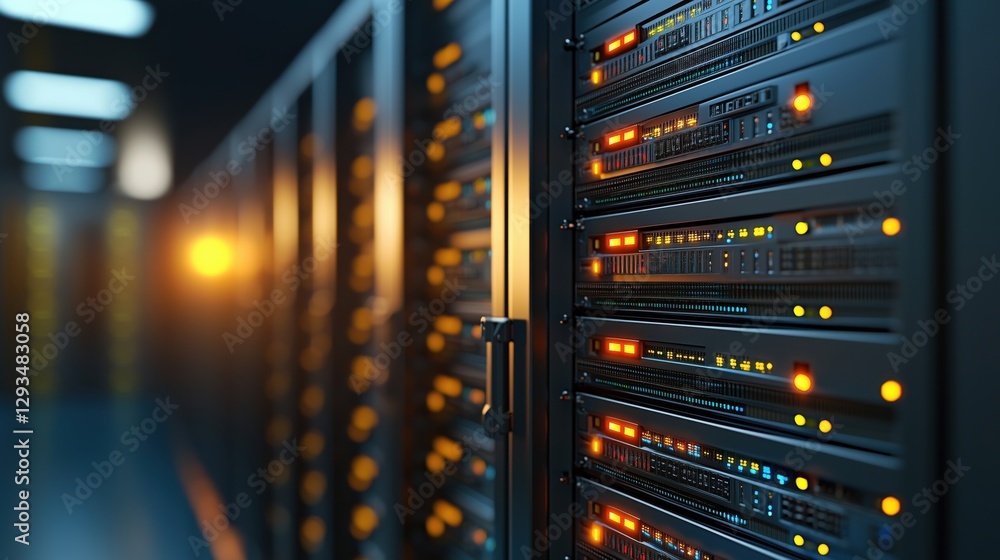 Poster data center storage units with bright led indicators at night in a modern computing environment