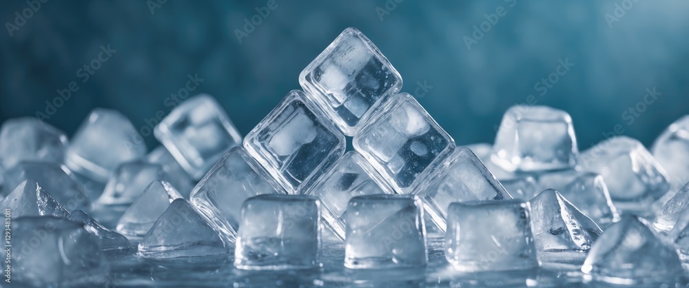 Poster pyramid of ice cubes on a reflective surface with space for text ideal for beverage or cooling conce