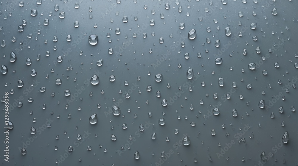 Poster close-up of raindrops on a glass surface with a soft gray background illuminated by natural light cr