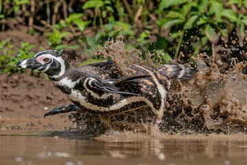 A playful penguin splashes through water, kicking up mud in a lively display of movement amidst green vegetation.