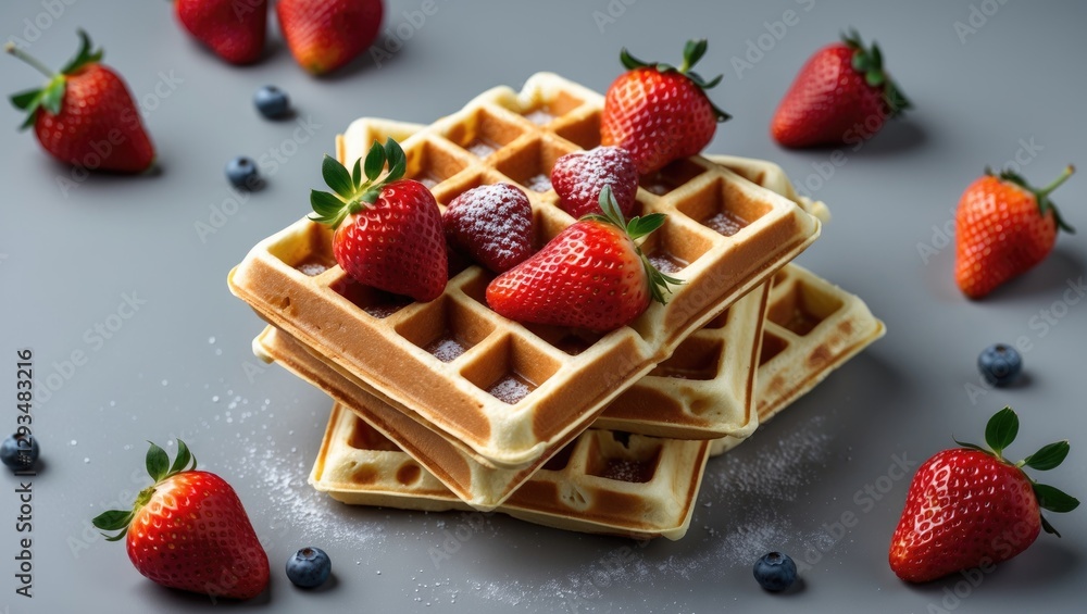 Aufkleber waffles topped with fresh strawberries arranged on a gray background with empty space for text in a 