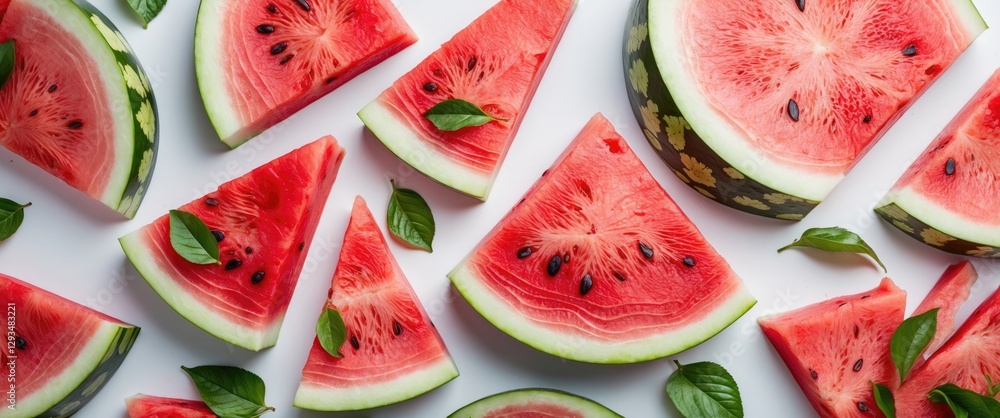 Poster fresh watermelon slices displayed on white background with green leaves and empty space for text or 