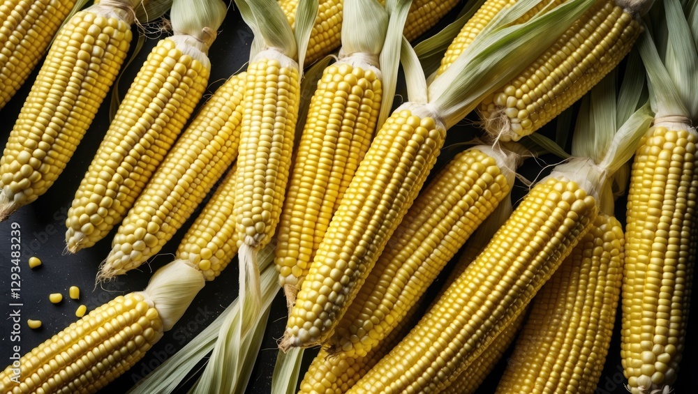 Poster fresh yellow corn cobs displayed on dark surface with blank space for text or branding