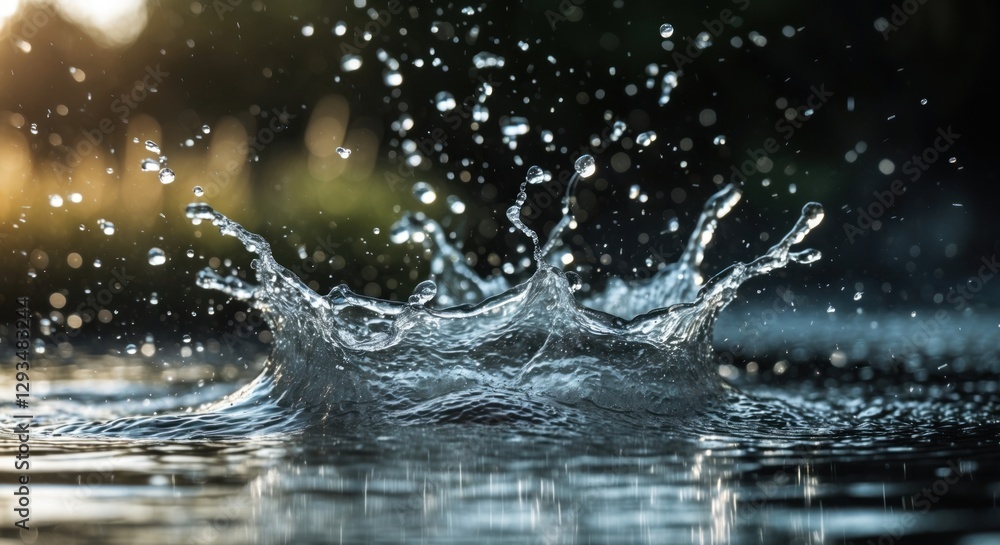 Aufkleber dynamic water splash creating mesmerizing droplets in reflective surface under soft sunlight, captur