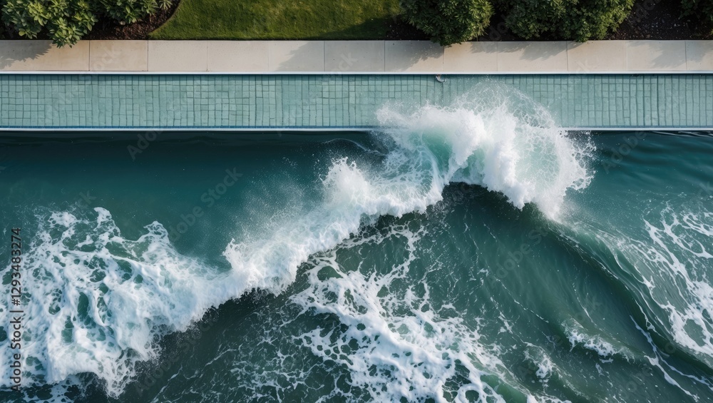 Poster waves crash into swimming pool from above calm waters background with greenery and copy space for te