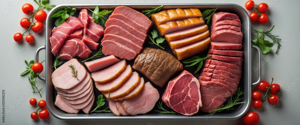 Poster assorted meats displayed on tray surrounded by fresh ingredients with empty space for culinary text 