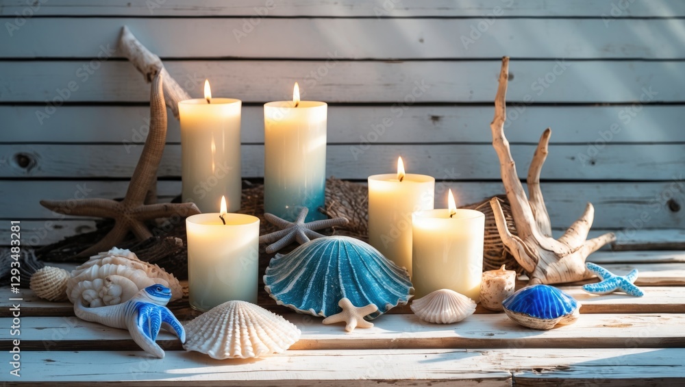 Aufkleber serene coastal decor with candles and seashells illuminated by soft light on vintage wooden backgrou