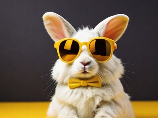 Adorable White Bunny Wearing Stylish Yellow Sunglasses on a Bright Background