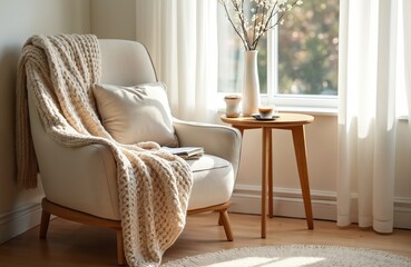 Cozy scandinavian reading corner with soft armchair, warm throw. Natural light illuminates round wooden table with coffee, book. Calm, tranquil home interior, comfortable rest area near window.