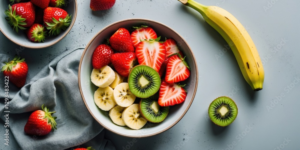 Poster freshly sliced strawberries kiwi and bananas in bowl with empty space for text healthy smoothie ingr