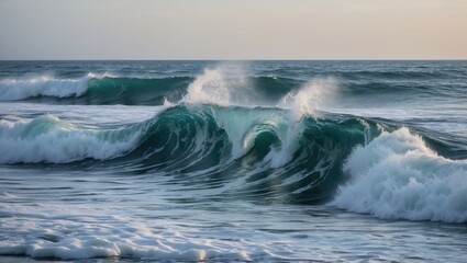 Fototapeta premium Serene Ocean Waves Crashing on Shoreline at Sunset Creating a Peaceful Coastal Landscape