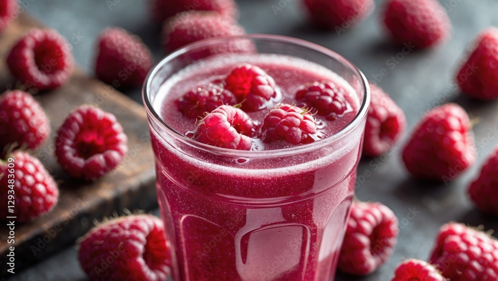 Poster refreshing raspberry juice with whole berries in a glass surrounded by fresh raspberries on rustic b