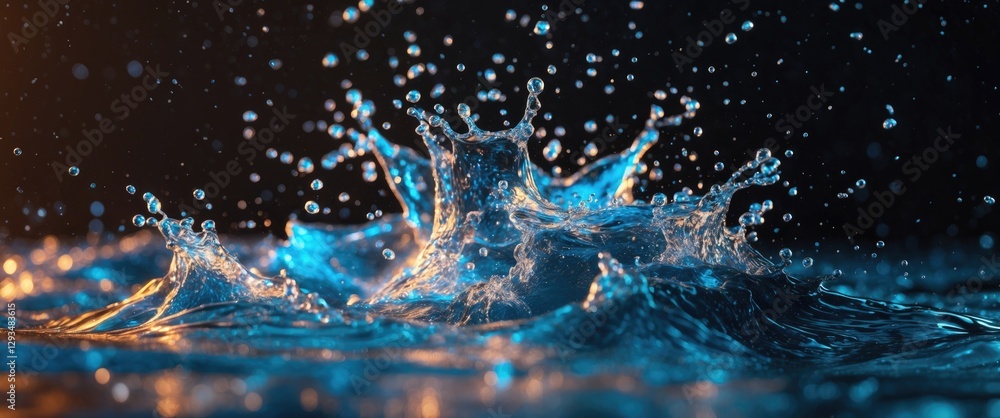 Poster dynamic water splash captured against a dark background showcasing vivid turquoise splashes and drop