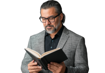 A photograph of an attractive middle-aged Hispanic professor holding and reading from his book, with a transparent background