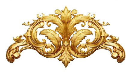 Golden decorative element, Ornate Gold Decorative Element on White Background, Antique Gold Carved Decorative Element in Baroque Style
