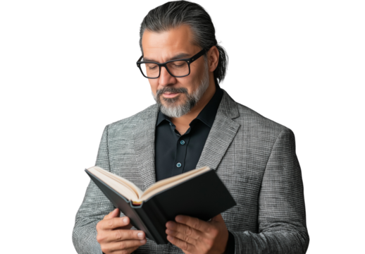  A photograph of an attractive middle-aged Hispanic professor holding and reading from his book, with a transparent background