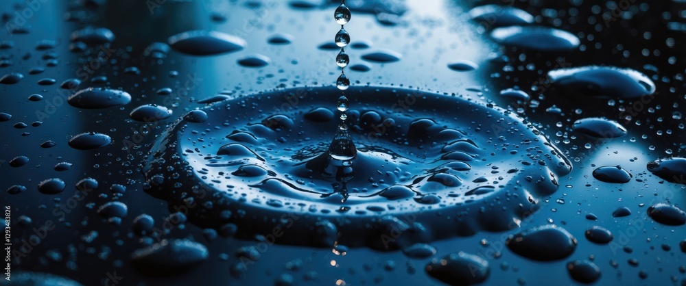 Poster raindrops creating ripples in a dark puddle with reflections of a clear blue sky enhancing the tranq