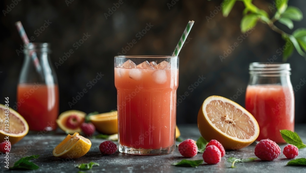 Poster refreshing punch juice in a glass surrounded by fruits and empty space for text