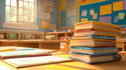 A Cozy Classroom Setting Featuring a Stack of Colorful Books on a Wooden Desk Surrounded by Educational Materials and Brightly Colored Walls