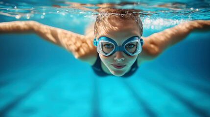 Fototapeta premium Underwater shot of fit swimmer training in the pool. Female swimmer inside swimming pool.
