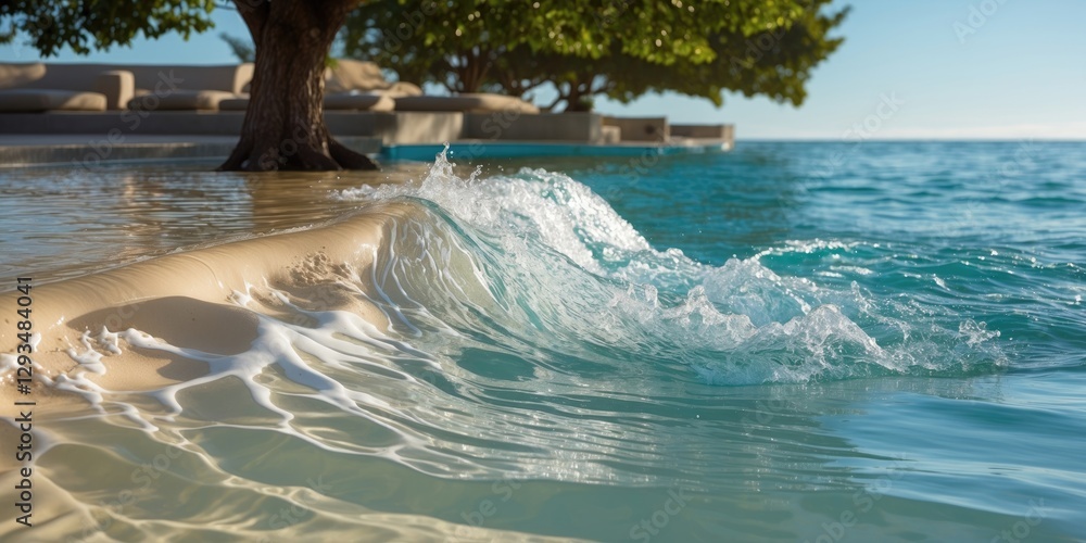 Poster gentle ocean wave flowing towards a sandy poolside under a tree with clear blue waters and ample emp