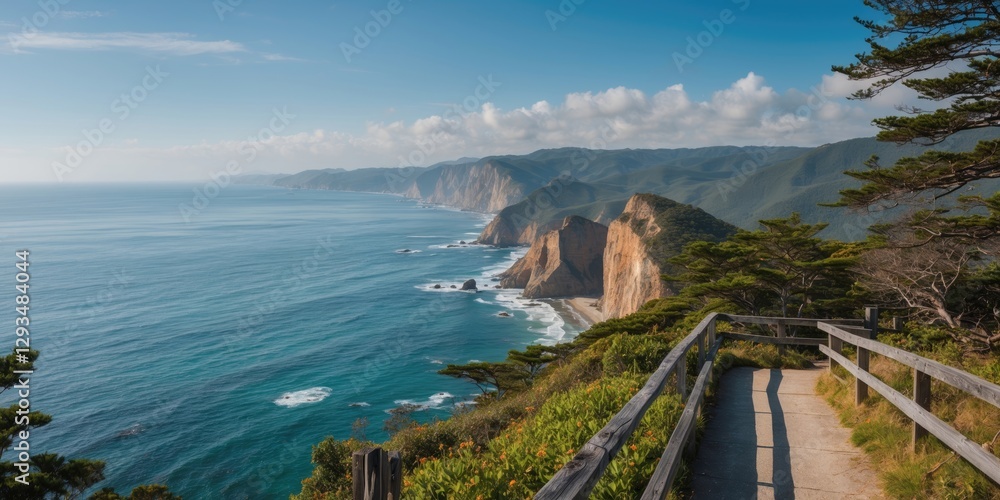 Poster scenic coastal landscape viewpoint with pathway and empty space for text in a serene nature setting
