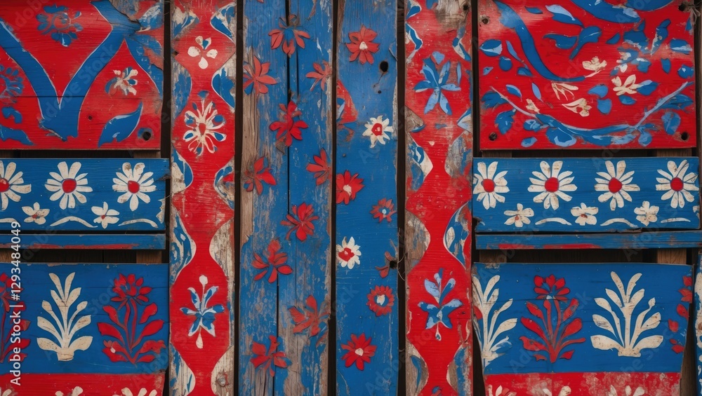 Poster vibrant red and blue decorative fence with artistic patterns and blank space for text use