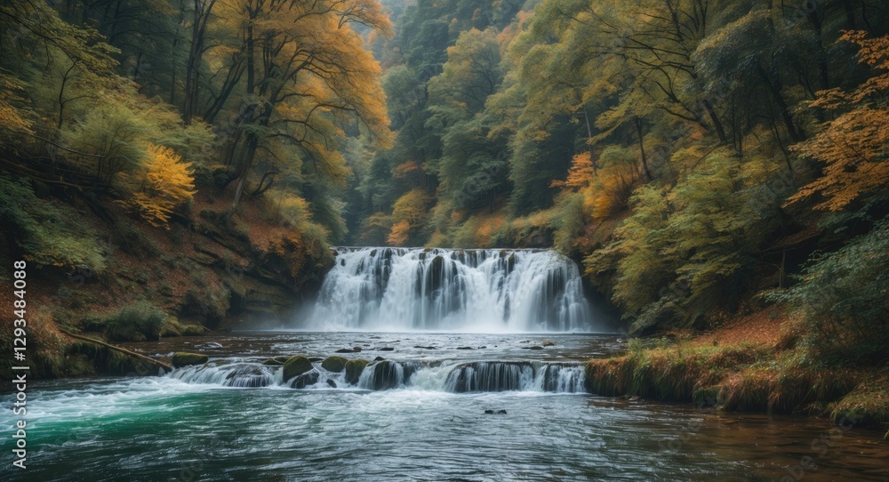 Poster serene waterfall in colorful autumn forest with clear river stream and spacious area for text overla