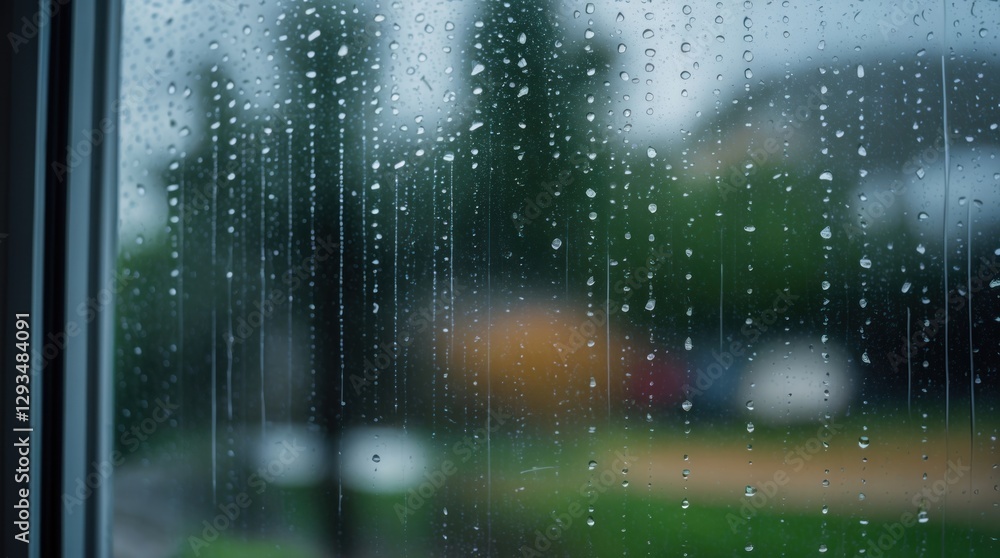 Aufkleber raindrops cascading down a windowpane creating a blurred view of greenery and outdoor colors on a ra
