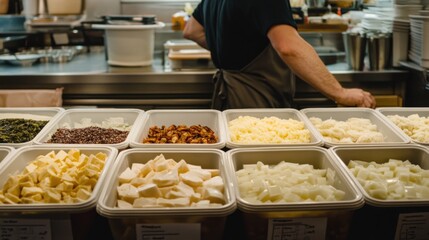 A Person in an Apron Sees a Variety of Fresh Ingredients in Containers at a Food Preparation Station in a Modern Culinary Environment