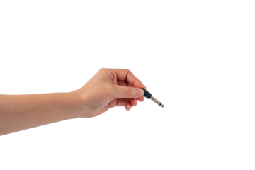 Hand and black audio cable aux isolated on transparent background