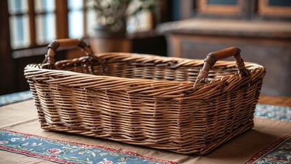 Rectangular Wicker Basket with Wooden Handles on Table Surrounded by Natural Light and Warm Wood Elements