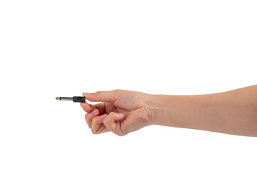 Hand and black audio cable aux isolated on transparent background