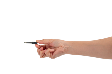 Hand and black audio cable aux isolated on transparent background