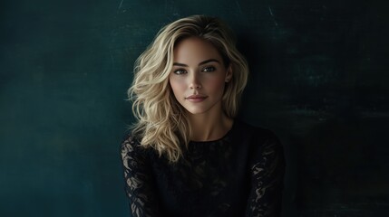Glamorous Woman with Wavy Blonde Hair Posing Against Blue Background