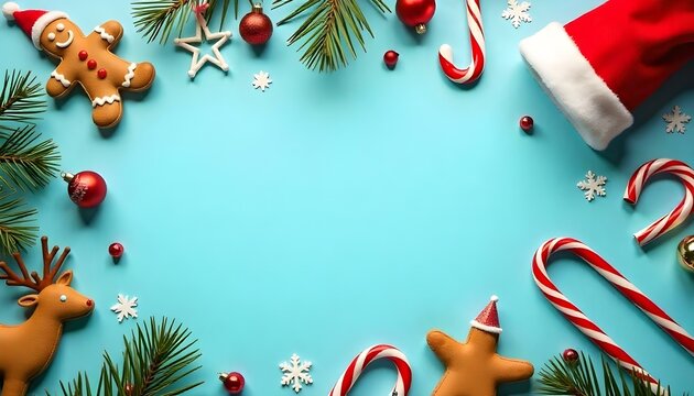 Adornos navide&ntilde;os, bastones de caramelo, hombre de jengibre, gorro de Pap&aacute; Noel, reno, copos de nieve, estrellas, &aacute;rbol de Navidad, Pap&aacute; Noel, elfo sobre un fondo azul claro