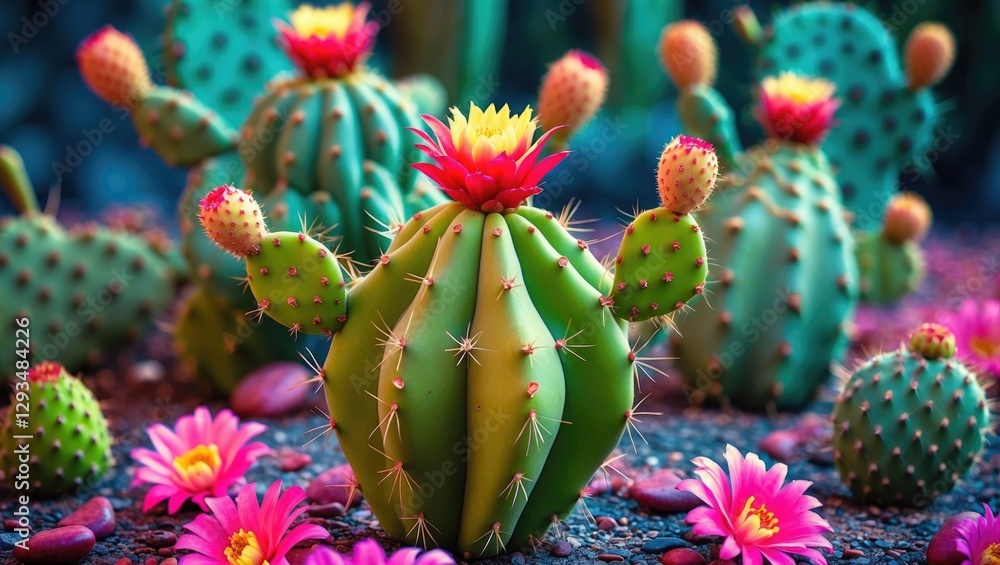 Poster vibrant prickly pear cactus with colorful flowers and blank space for text design in desert landscap