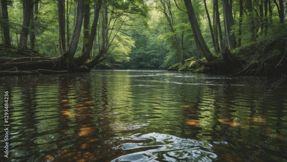 Poster serene forest river reflection surrounded by lush greenery with copy space for nature-themed text