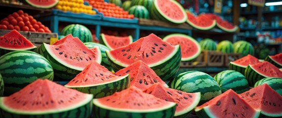 Vibrant watermelon display at a bustling market showcasing fresh produce and colorful fruits in a lively shopping environment.
