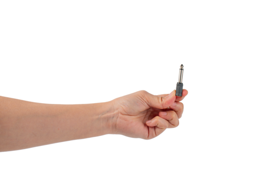 Hand and black audio cable aux isolated on transparent background