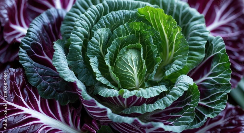 Poster macro shot of vibrant red cabbage showcasing intricate leaf textures and rich color variations ideal
