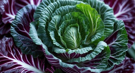 Obraz premium Macro shot of vibrant red cabbage showcasing intricate leaf textures and rich color variations ideal for culinary or botanical themes.