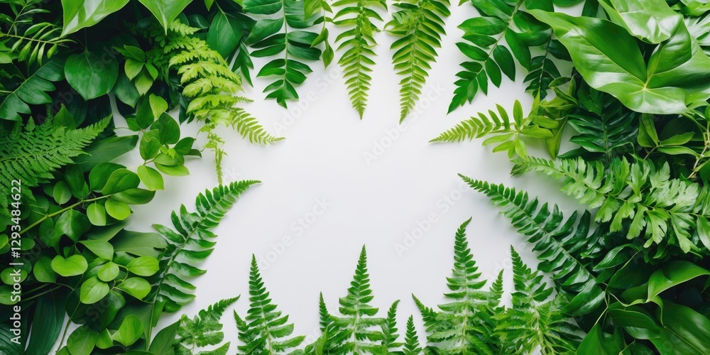 Poster lush green leaves and ferns form a natural frame around a white background ideal for text or design 