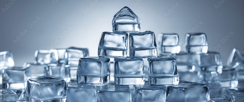 Poster pyramid of clear ice cubes on soft background with space for text and copy for advertising or design