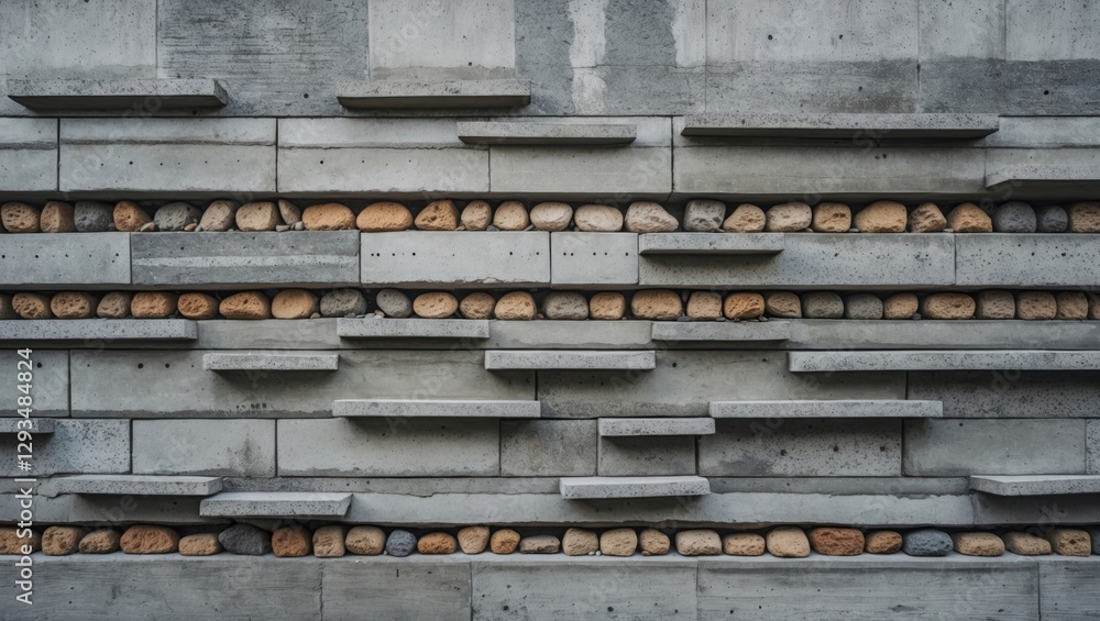 Poster concrete wall design with layered stones creating a decorative pattern for modern architectural aest
