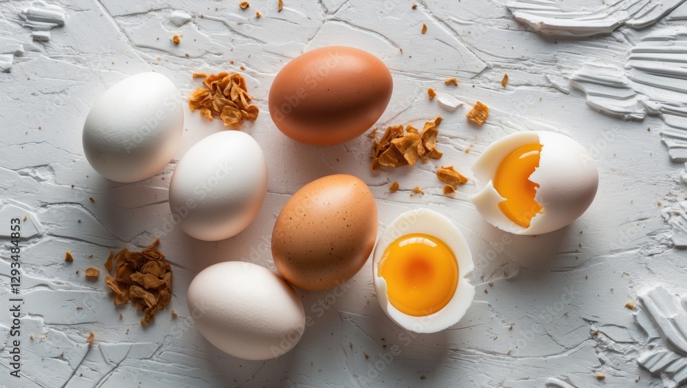 Poster Fresh quail eggs on textured white background featuring whole and broken eggs with yolk and natural elements for culinary use.