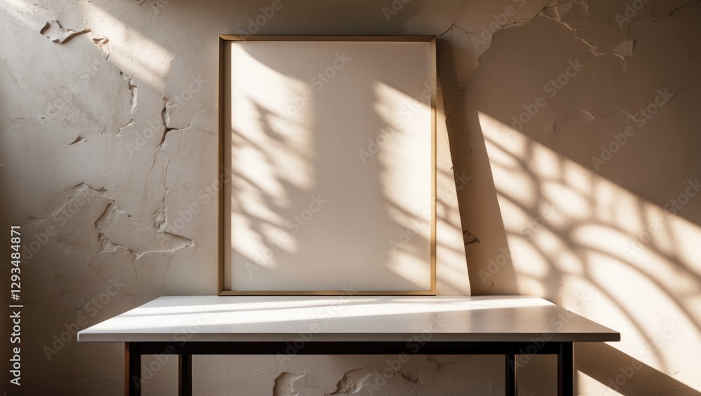 Poster minimalist table display against textured wall with natural light and shadows ideal for branding, pr