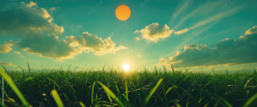 Poster vibrant sunset over grass field with shadows and soft clouds creating an inviting atmosphere for tex