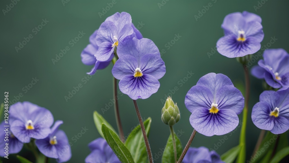 Poster vibrant violet flowers against soft green background with space for text and design elements
